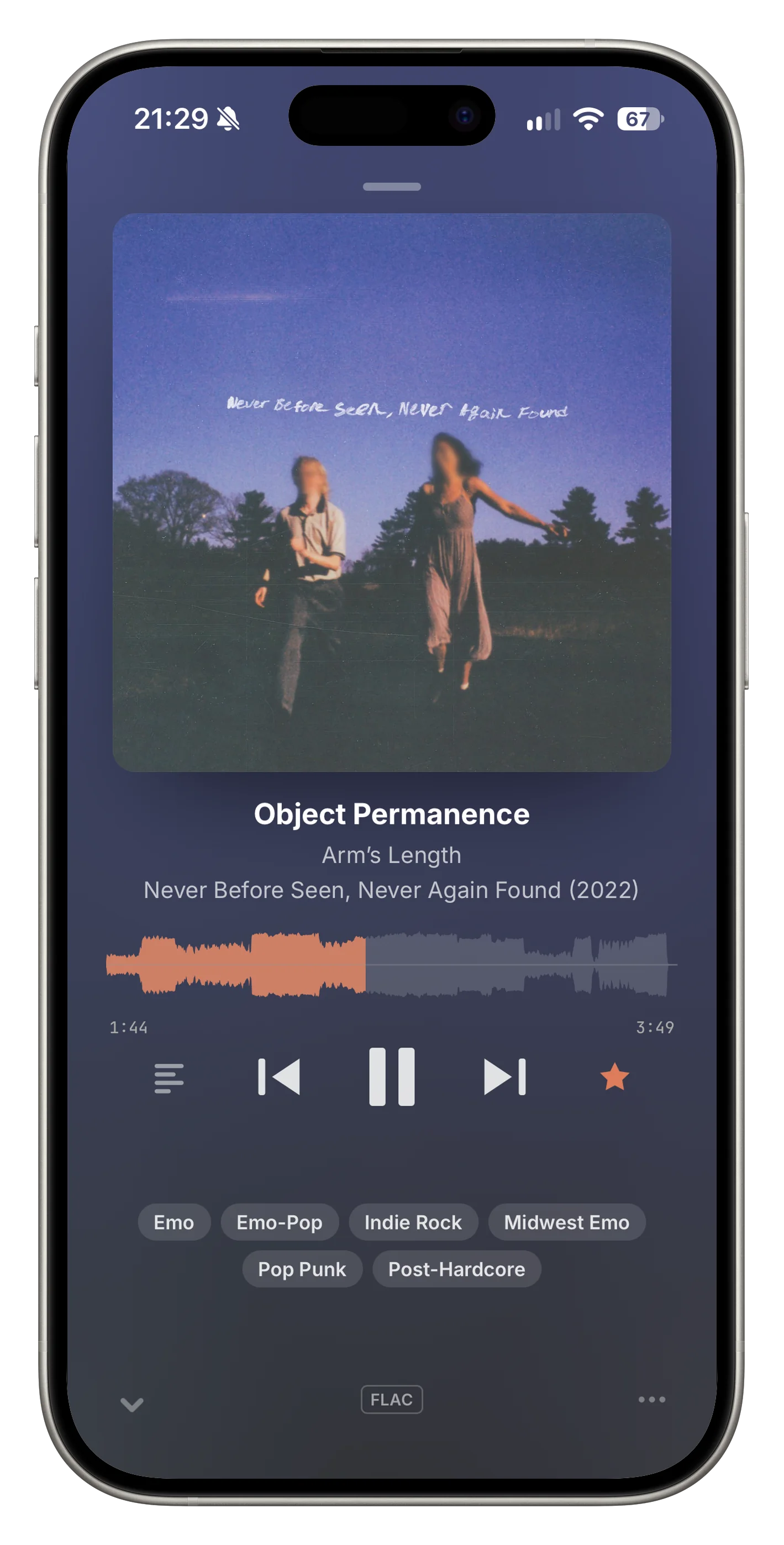 ramus on iPhone: the now playing screen with album art and a waveform scrubber.