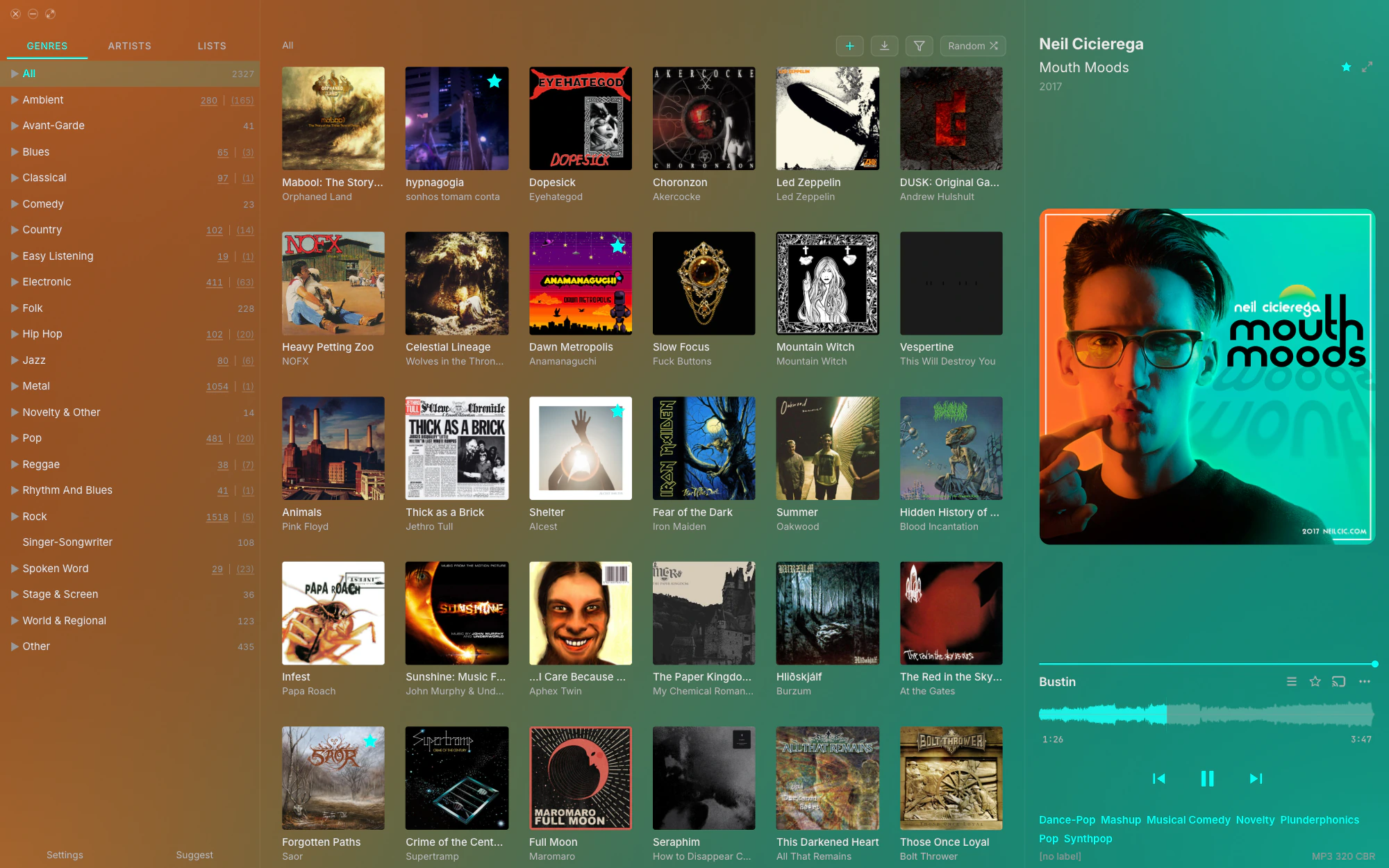 ramus on macOS playing Neil Cicierega's Mouth Moods: the window runs from orange on the left to teal on the right, taken from the cover, with the whole genre tree in the sidebar.