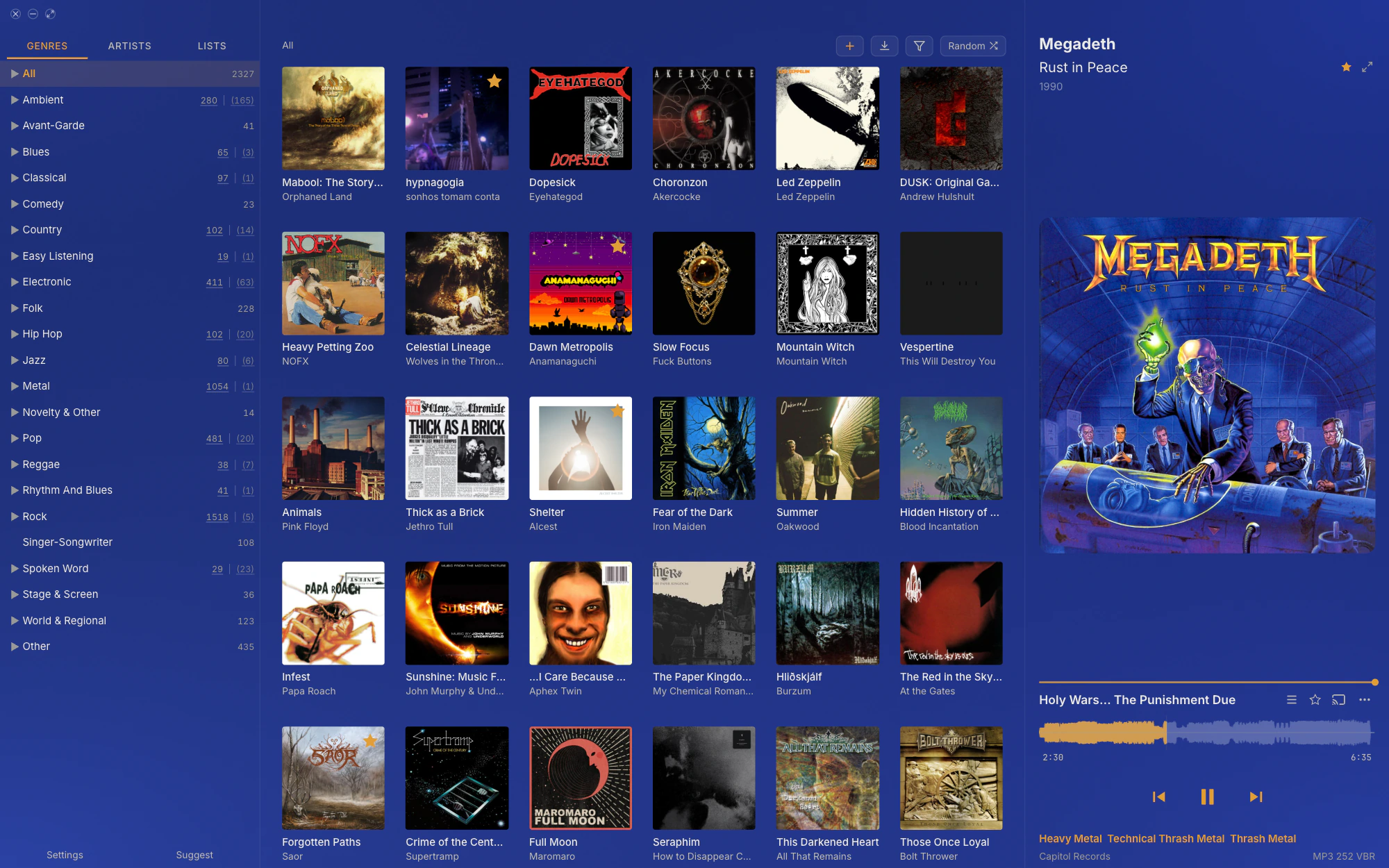 The same window playing Megadeth's Rust in Peace, tinted deep blue.